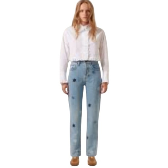 Tresse Paris Denim Star Patches High Rise Straight Leg Jeans NWT - Picture 6 of 16